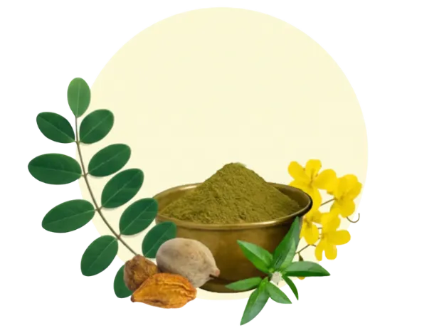 Neem clears dandruff, Aloe vera soothes, Bhringraj supports regrowth, and Triphala enhances shine and calms sensitive scalp.