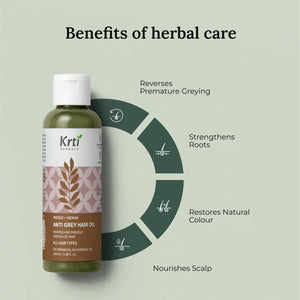 Benefits of Krti Herbals Anti Grey Hair Oil for reversing premature greying, strengthening roots, and restoring natural hair color