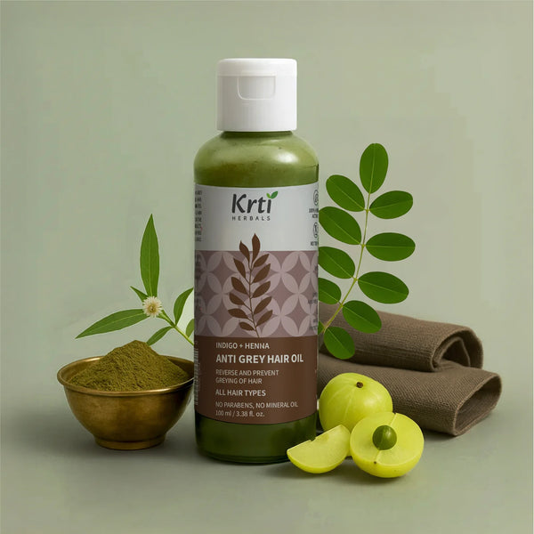 Front view of Krti Herbals Anti Grey Hair Oil showing packaging and label clearly