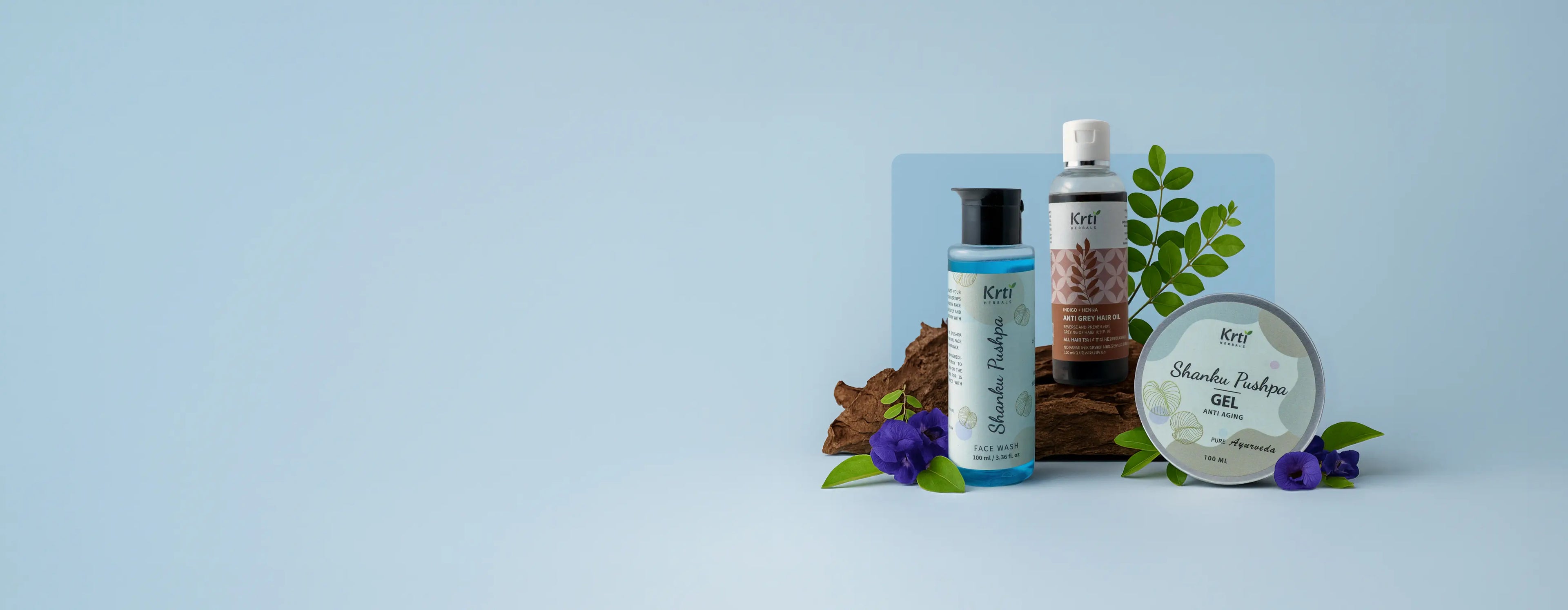 Anti Aging Ayurvedic Collection featuring Shanku Pushpa and herbal treatments for youthful skin