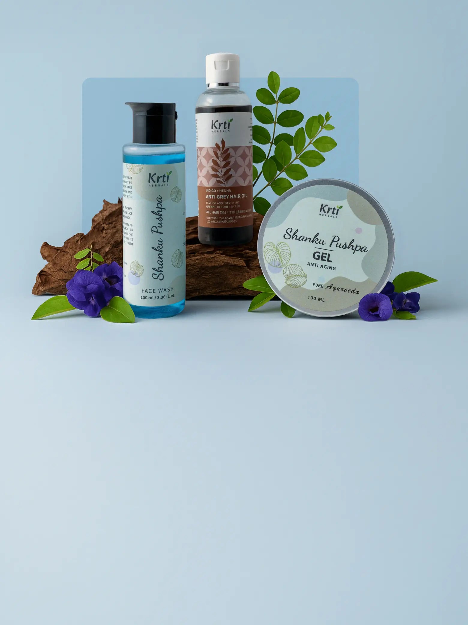 Anti Aging Ayurvedic Collection featuring Shanku Pushpa and herbal treatments for youthful skin