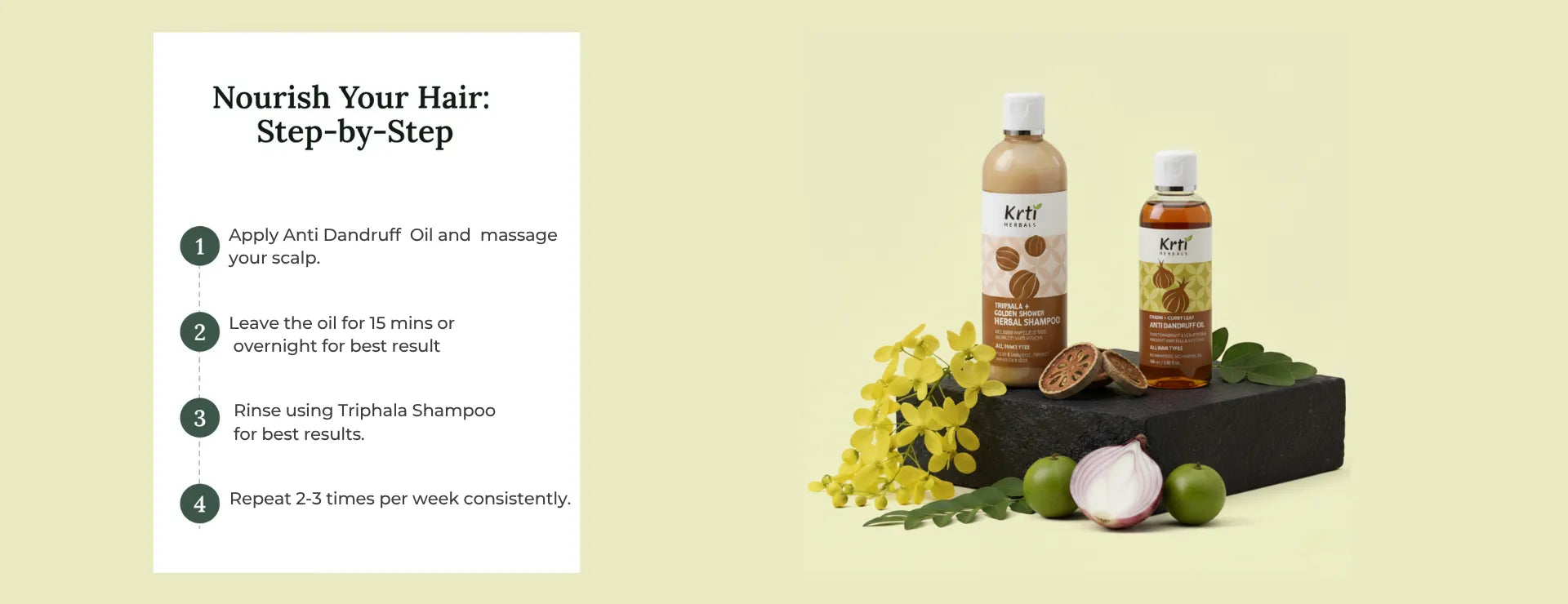 Step-by-step visual guide to using Anti Dandruff Oil and Herbal Shampoo combo – apply oil, leave for 1 hour, rinse with shampoo