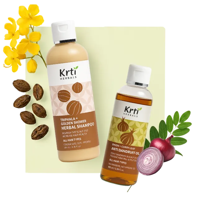 Key benefits of Krti Herbals Triphala Herbal Shampoo – cleanses scalp, supports hair growth, and reduces hair fall and Key benefits of Krti Herbals Anti Dandruff Oil – clear scalp flakes, soothes itching, prevents future dandruff, natural anti fungal care, hydrates and balances