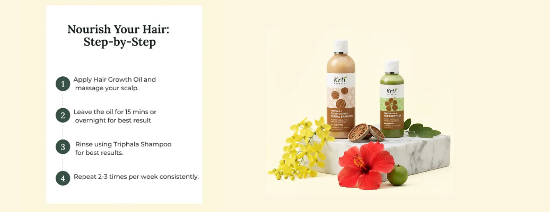 Step-by-step visual guide to using Hair Growth Oil and Herbal Shampoo combo – apply oil, leave for 1