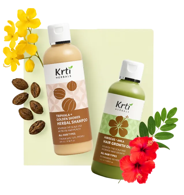 Key benefits of Krti Herbals Hair Growth Oil – reduce hair fall, promote hair growth and Triphala Herbal Shampoo – cleanses scalp, supports hair growth, and reduces hair fall