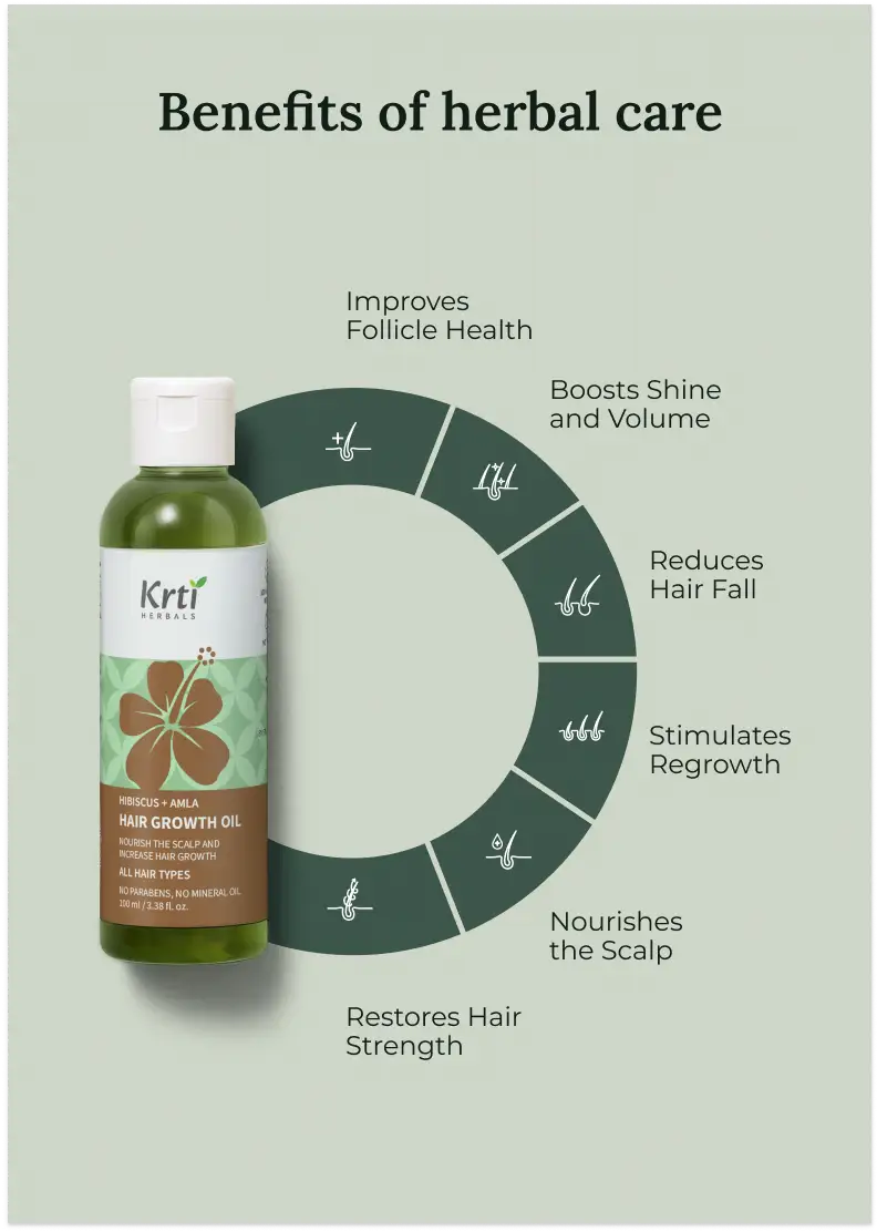 Benefits of Krti Herbals Hair Growth Oil for promoting hair regrowth, strengthening follicles, and preventing hair fall