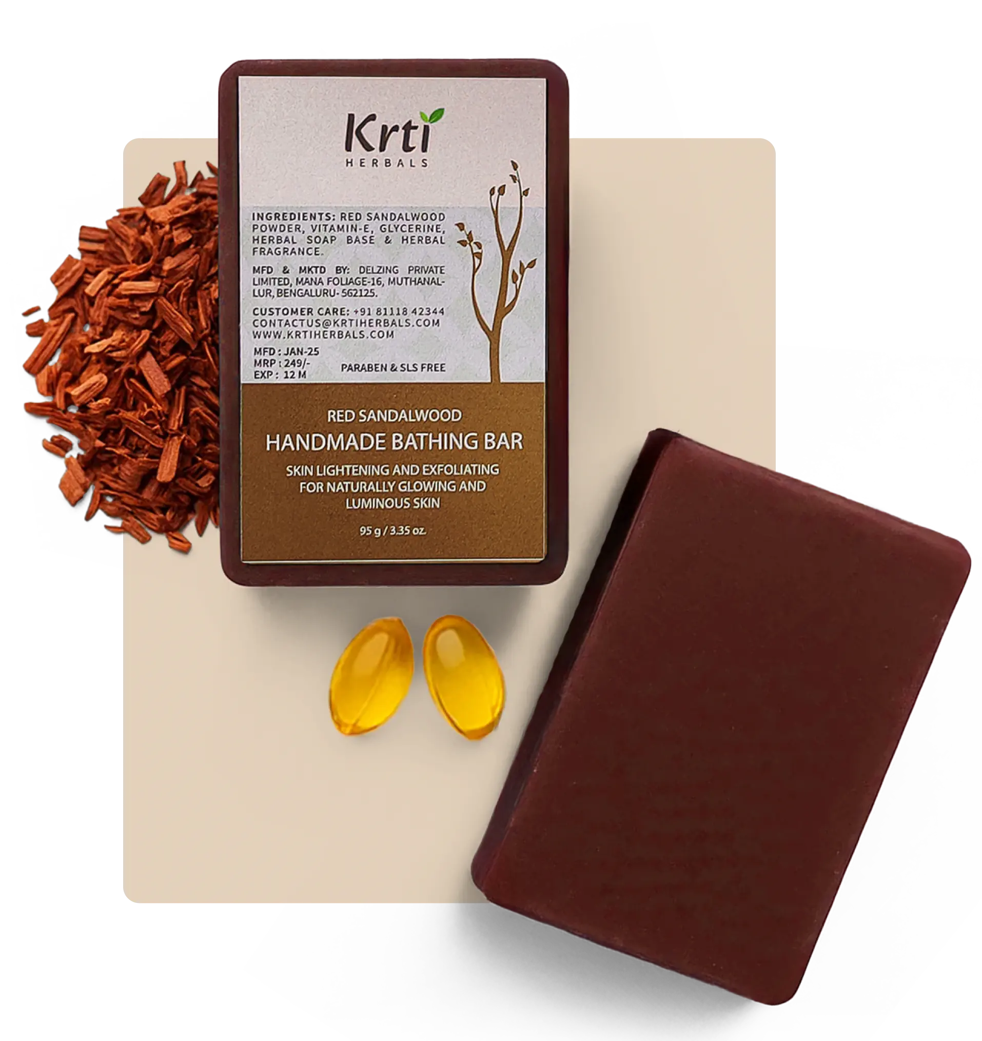 Benefits of Krti Herbals Red Sandalwood Handmade Bathing Bar, including brightening complexion, moisturizing skin, and soothing irritation