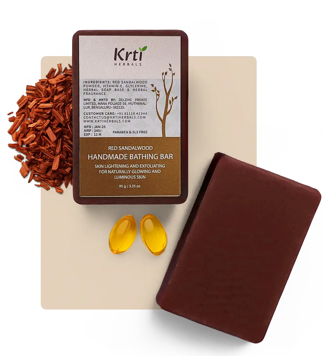 Benefits of Krti Herbals Red Sandalwood Handmade Bathing Bar, including brightening complexion, moisturizing skin, and soothing irritation