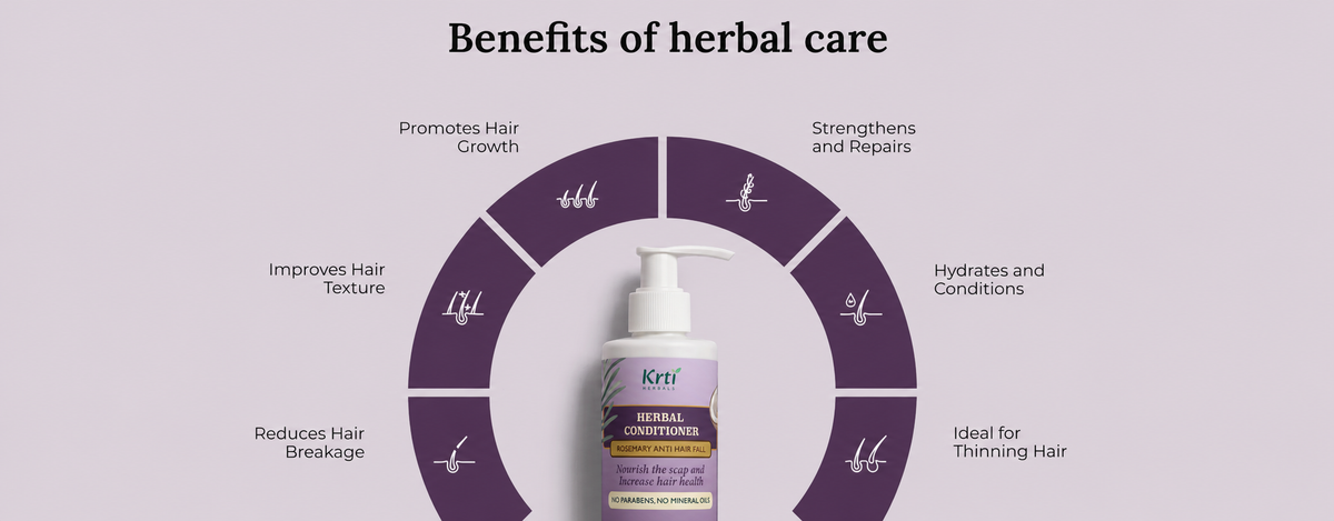 Benefits of Krti Herbals Rosemary Herbal Conditioner for hair texture improvement, hydration, and adding shine