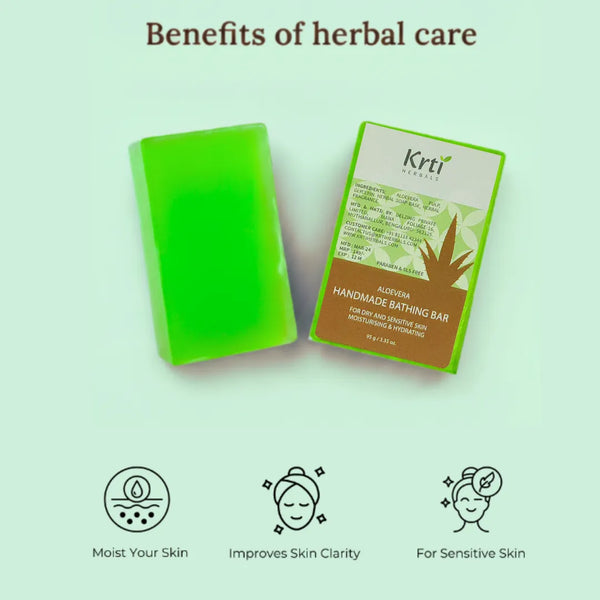 Benefits of Krti Herbals Aloe Vera Handmade Bathing Bar for Skin Soothing, Skin Hydration and Healing