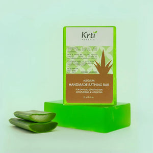 Front view of Krti Herbals Aloe Vera Handmade Bathing Bar showing packaging and label clearly