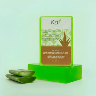 Front view of Krti Herbals Aloe Vera Handmade Bathing Bar showing packaging and label clearly