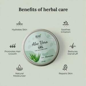 Benefits of Krti Herbals Aloe Vera Gel for soothing skin irritation, hydrating skin, and promoting hair growth