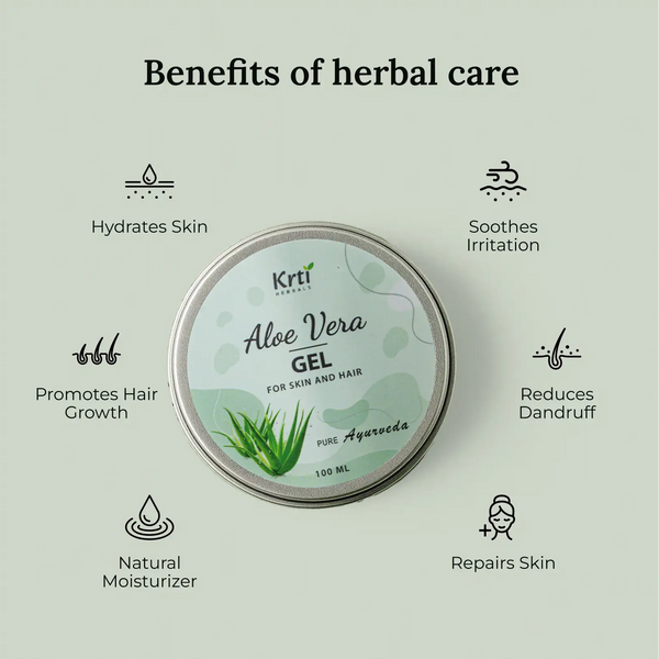 Benefits of Krti Herbals Aloe Vera Gel for soothing skin irritation, hydrating skin, and promoting hair growth