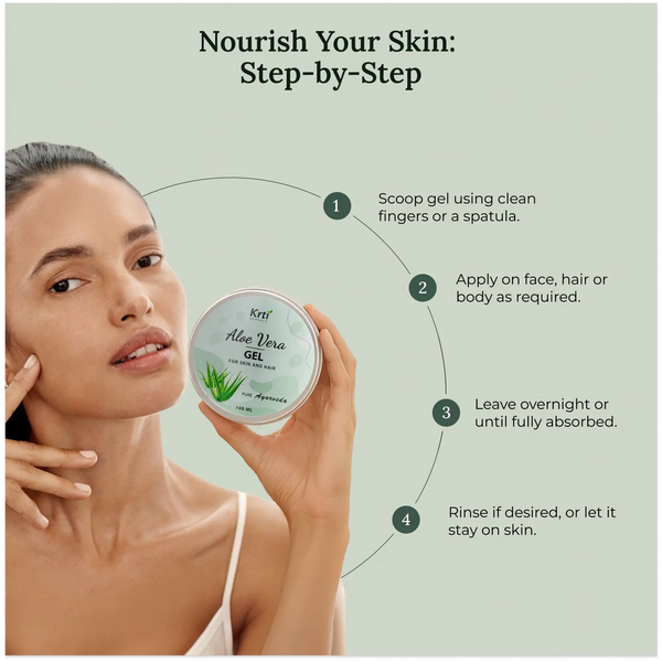 Instructions on how to apply Krti Herbals Aloe Vera Gel for skin and hair care