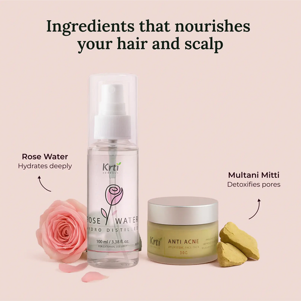 Neem, Tulsi, Multani Mitti, Kasthoori Manjal, and Rose Water – powerful Ayurvedic acne-fighting ingredients