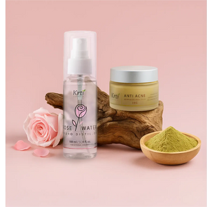 Anti Acne Face Pack and Rose Water bottle styled with neem, tulsi, and rose petals – acne control and glow ritual