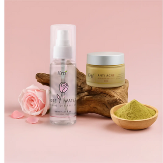 Anti Acne Face Pack and Rose Water bottle styled with neem, tulsi, and rose petals – acne control and glow ritual