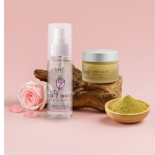 Anti Acne Face Pack and Rose Water bottle styled with neem, tulsi, and rose petals – acne control and glow ritual