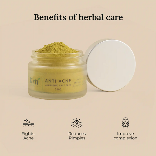 Benefits of Krti Herbals Anti Acne Ayurvedic Face Pack for reducing pimples, soothing redness, and improving skin clarity