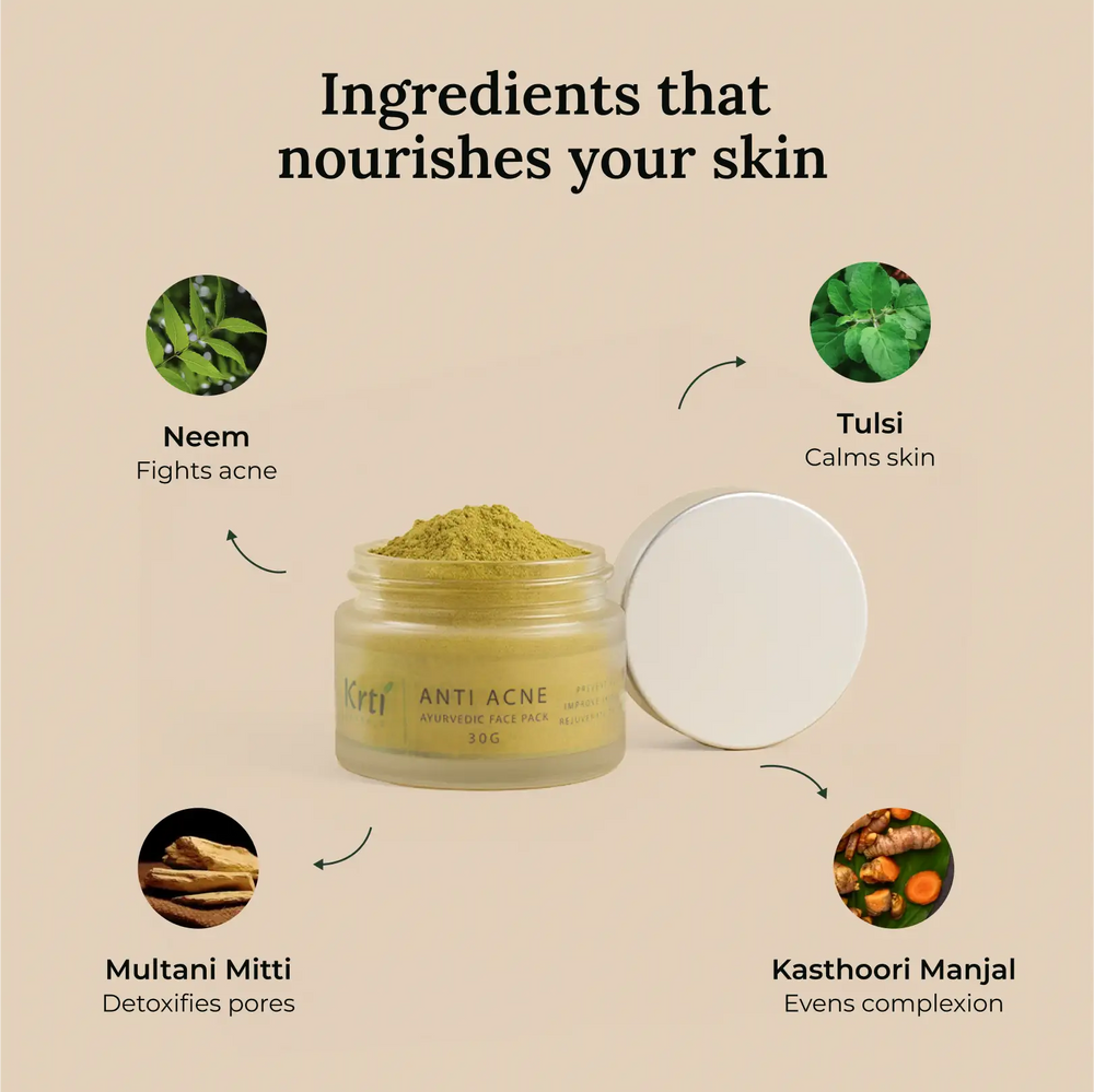 Front view of Krti Herbals Anti Acne Ayurvedic Face Pack showing packaging and label clearly