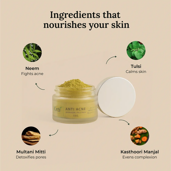 Natural ingredients used in Krti Herbals Anti Acne Ayurvedic Face Pack such as Neem, Tulsi, and Multani Mitti