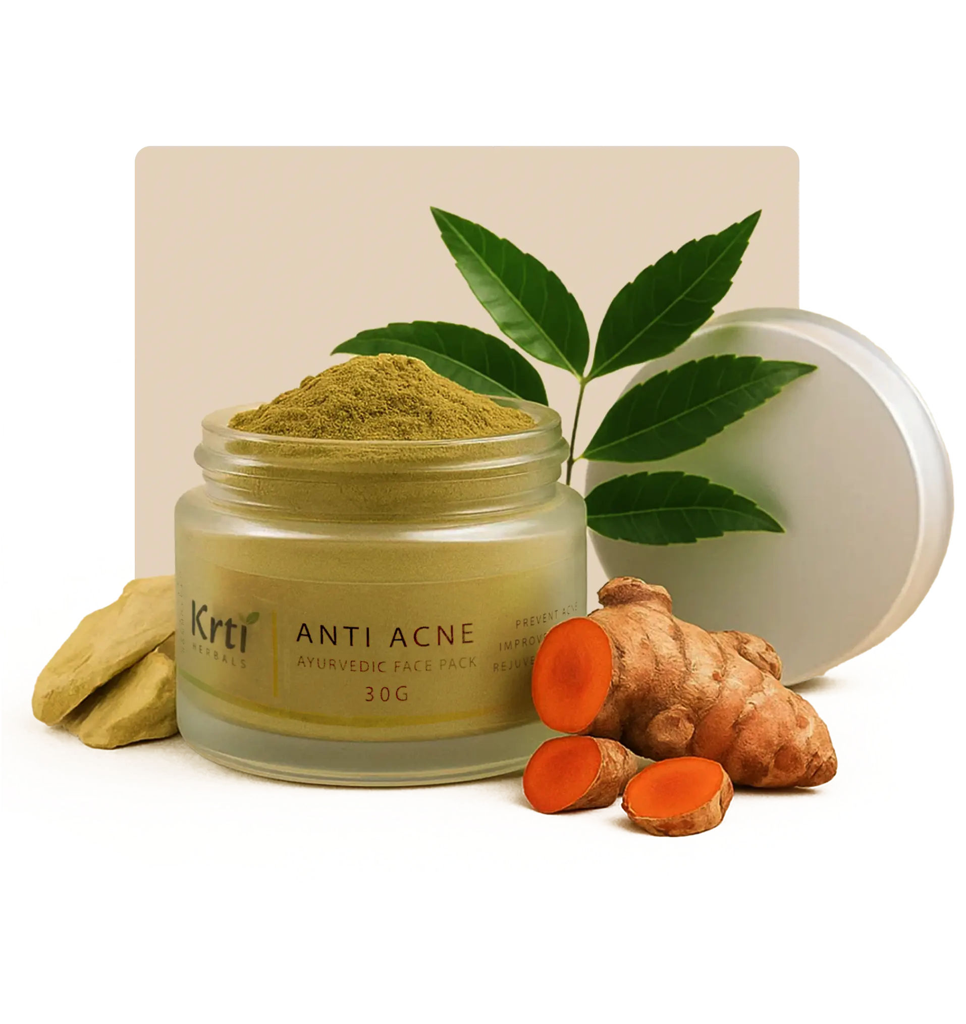 Benefits of Krti Herbals Anti Acne Ayurvedic Face Pack for treating acne, reducing redness, and clarifying skin