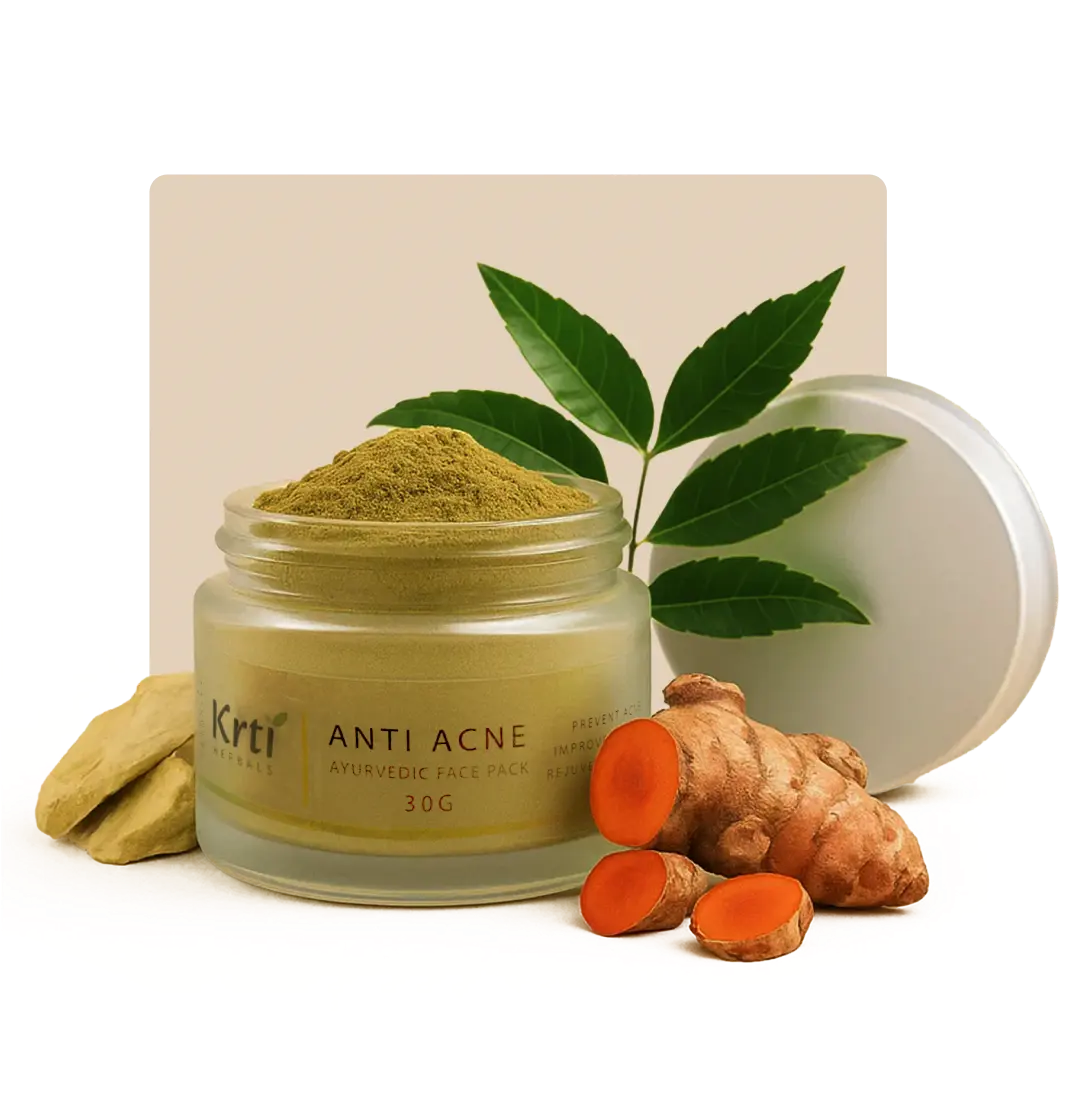 Benefits of Krti Herbals Anti Acne Ayurvedic Face Pack for treating acne, reducing redness, and clarifying skin