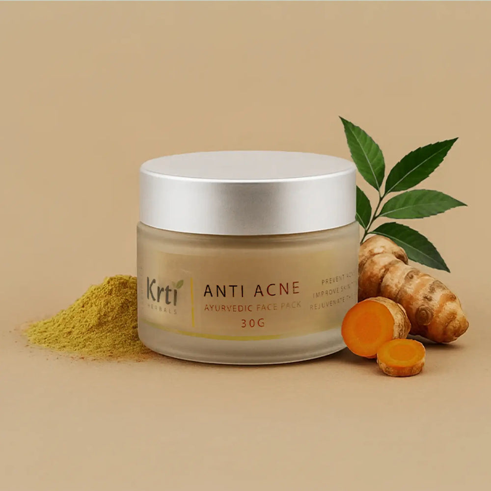 Front view of Krti Herbals Anti Acne Ayurvedic Face Pack showing packaging and label clearly