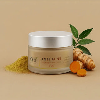 Front view of Krti Herbals Anti Acne Ayurvedic Face Pack showing packaging and label clearly