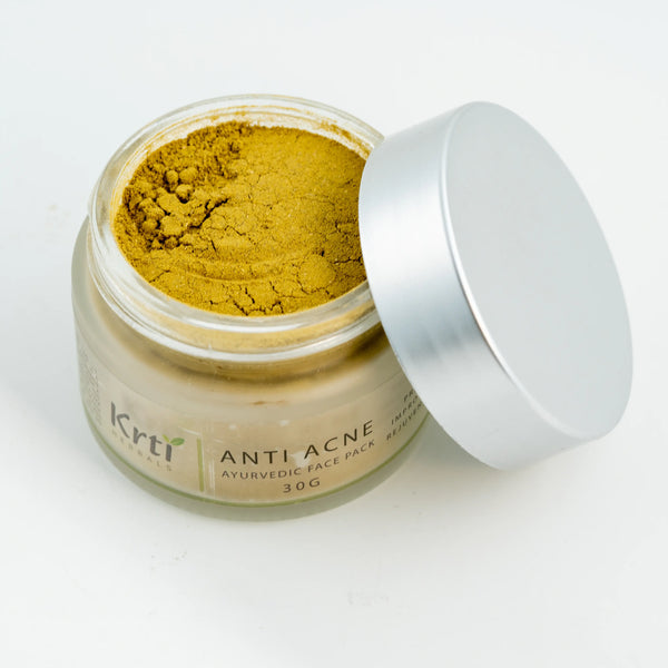 Label view of Krti Herbals Anti Acne Ayurvedic Face Pack showing packaging and label clearly
