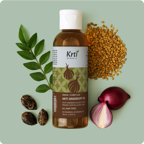 Krti Herbals Anti Dandruff Oil for soothing scalp irritation, reducing flakes, and preventing dandruff