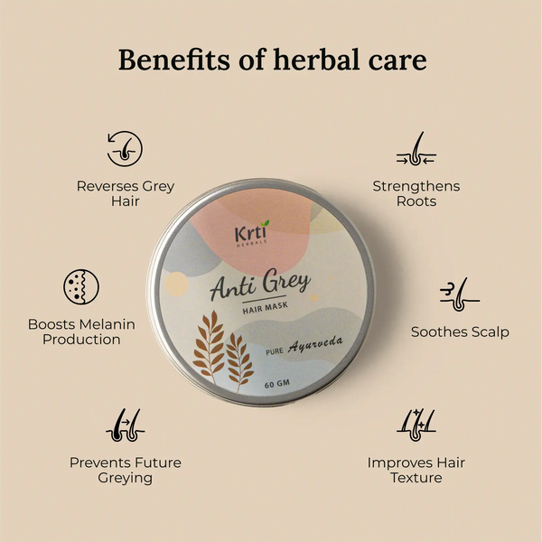 Benefits of Krti Herbals Anti Grey Hair Mask for restoring natural black color, preventing premature greying, and nourishing hair roots.