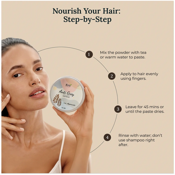 Instructions on how to apply Krti Herbals Anti Grey Hair Mask for best results