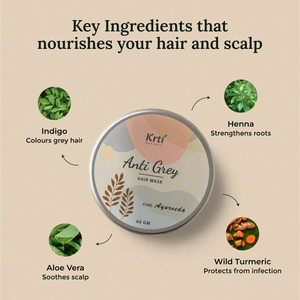 Natural ingredients used in Krti Herbals Anti Grey Hair Mask such as Indigo, Henna, and Aloe Vera