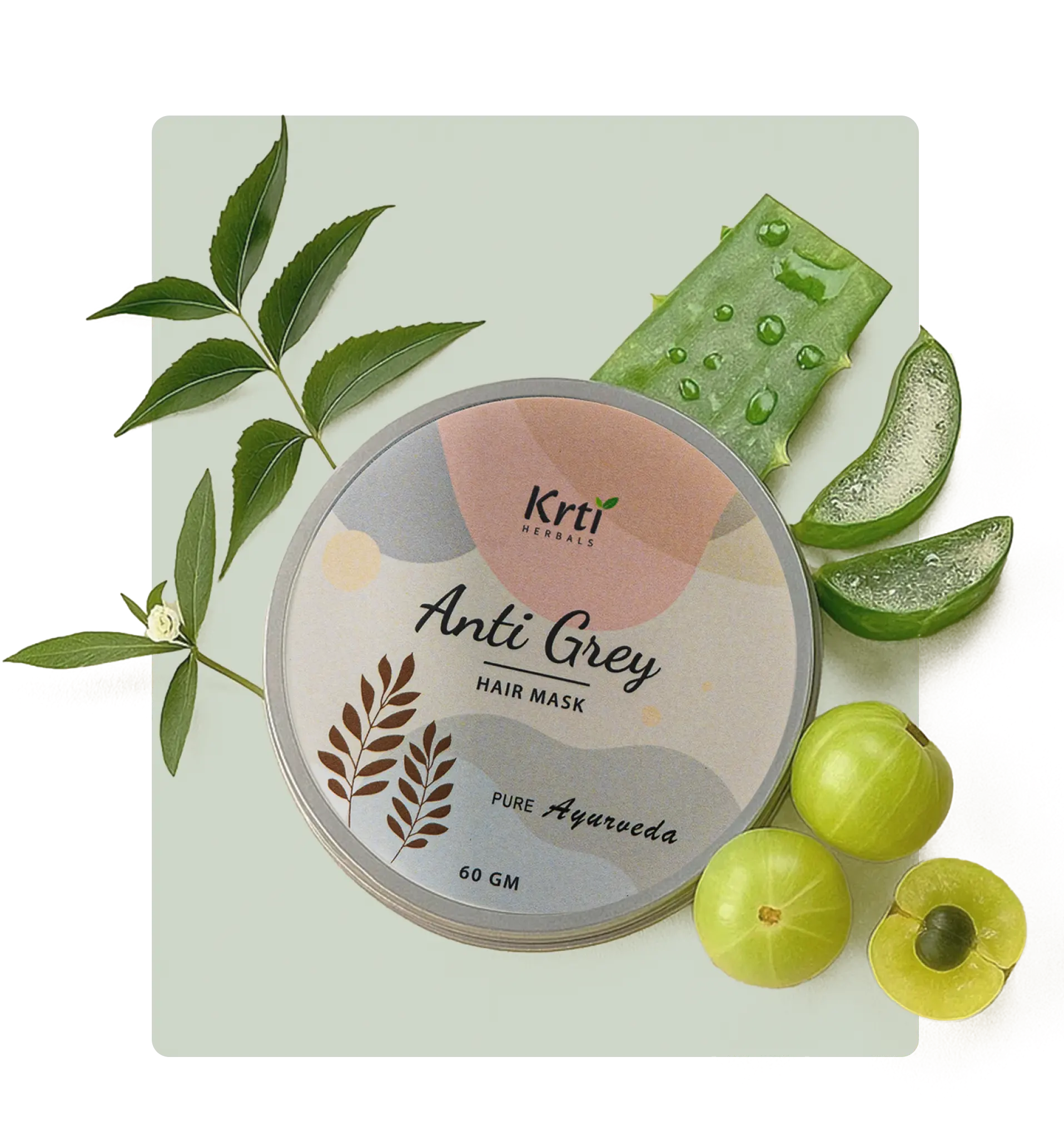 Detailed image of key ingredients in Krti Herbals Anti Grey Hair Mask, including Indigo, Henna, Aloe Vera, Bhringraj