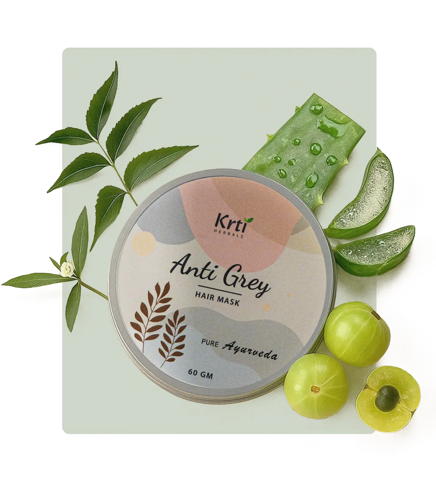 Detailed image of key ingredients in Krti Herbals Anti Grey Hair Mask, including Indigo, Henna, Aloe Vera, Bhringraj