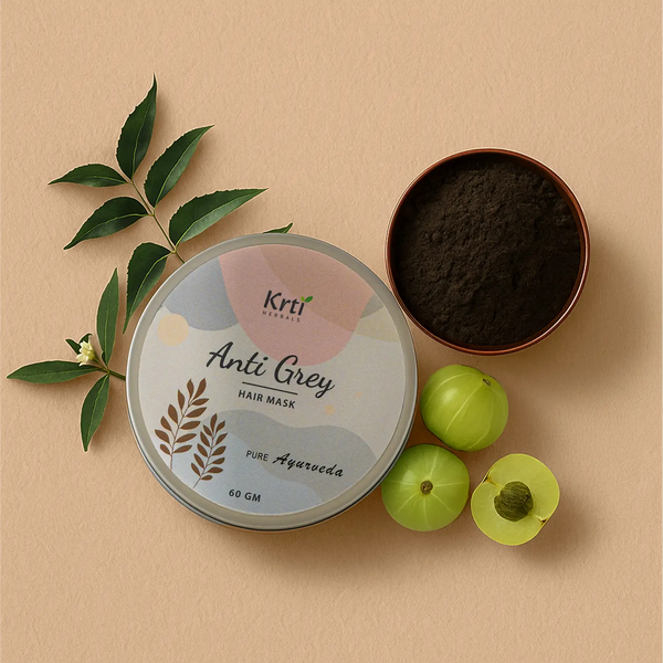 Front view of Krti Herbals Anti Grey Hair Mask showing packaging and label clearly