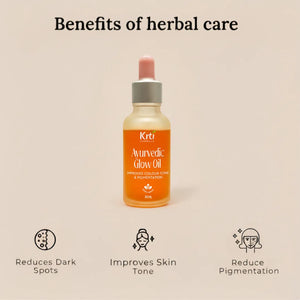 Benefits of Krti Herbals Ayurvedic Glow Oil for Evens Skin Tone, .Reduces Pigmentation, Fades Dark Spots, Softens & Beautifies Skin 

