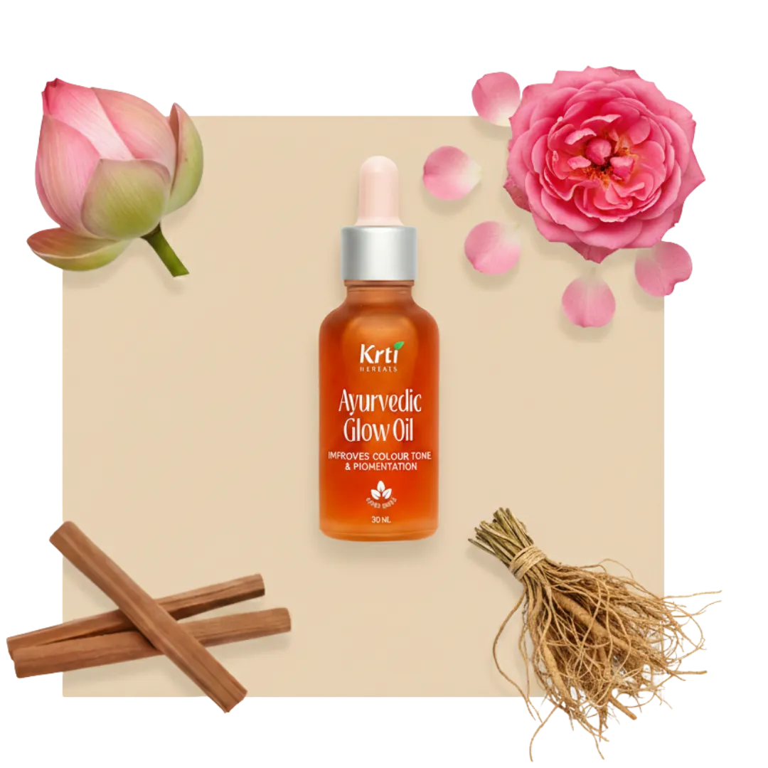 Natural Ingredients used in Krti Herbals Ayurvedic Glow Oil such as Chandana, Ramacham, Irattymadhuram, Manjista, Red Sandal, Rose, Thamara

