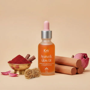 Front view of Krti Herbals Ayurvedic Glow Oil showing packaging and label clearly