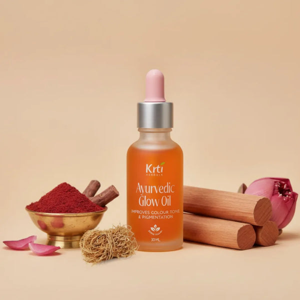 Front view of Krti Herbals Ayurvedic Glow Oil showing packaging and label clearly