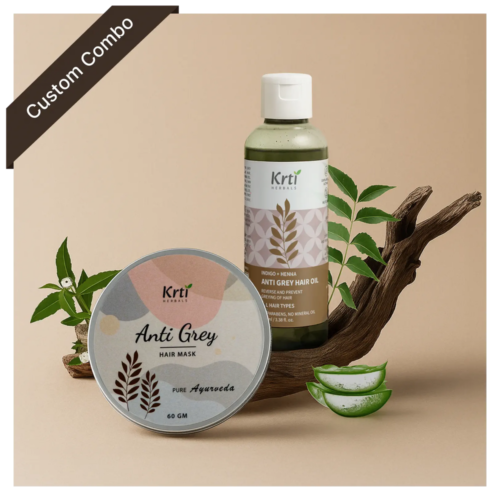 Front view of Krti Herbals custom Anti Grey Hair Oil and Mask showing packaging and label clearly