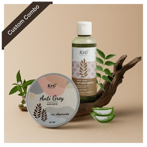 Front view of Krti Herbals custom Anti Grey Hair Oil and Mask showing packaging and label clearly