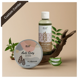 Front view of Krti Herbals custom Anti Grey Hair Oil and Mask showing packaging and label clearly