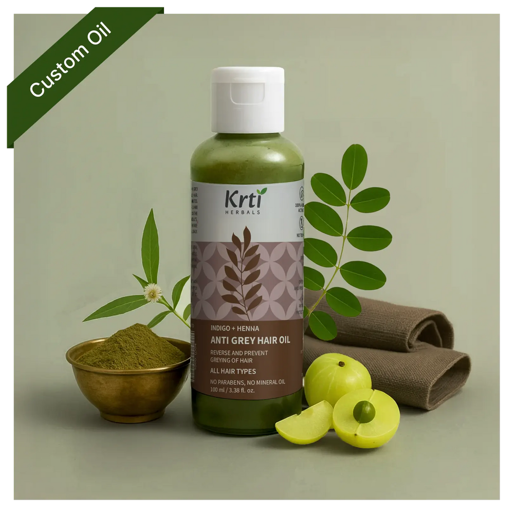 Front view of Kriti Herbals custom Anti Grey Hair Oil showing packaging and label clearly