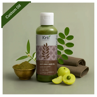 Front view of Kriti Herbals custom Anti Grey Hair Oil showing packaging and label clearly