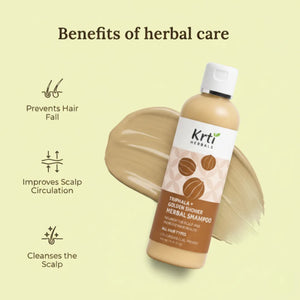 Key benefits of Krti Herbals Triphala Herbal Shampoo – cleanses scalp, supports hair growth, and reduces hair fall