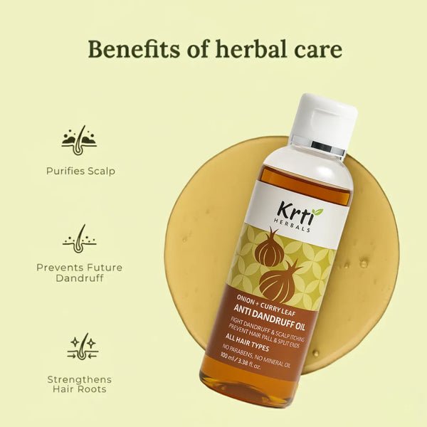 Key benefits of Krti Herbals Anti Dandruff  Oil – clear scalp flakes, soothes itching, prevents future dandruff, natural anti fungal care, hydrates and balances 
