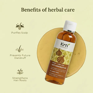 Key benefits of Krti Herbals Anti Dandruff  Oil – clear scalp flakes, soothes itching, prevents future dandruff, natural anti fungal care, hydrates and balances 